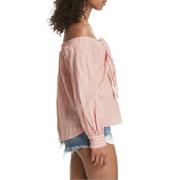 Free People Hello There Beautiful Off Shoulder Red Cream Striped Relaxed Top - Picture 2 of 15